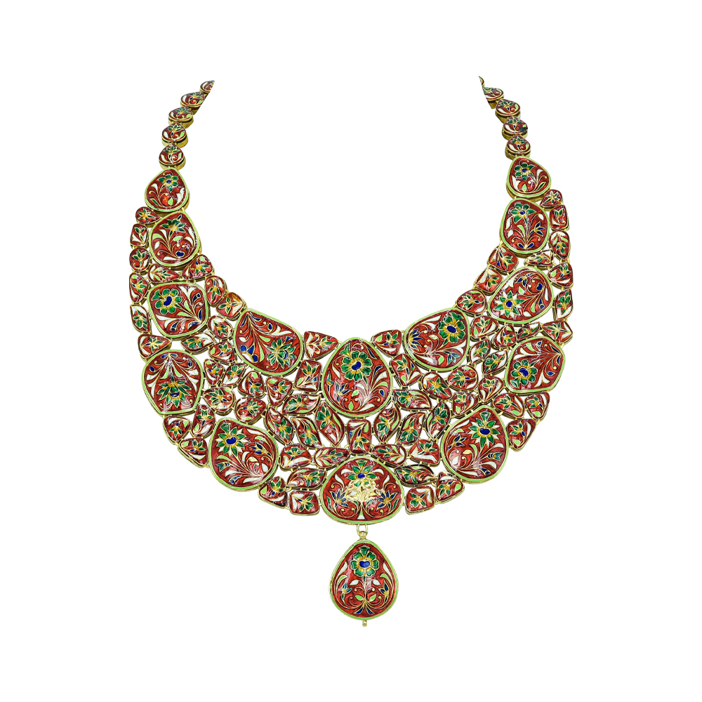 Polki Necklace with Green Chuddi Work and Teardrop Pendant
